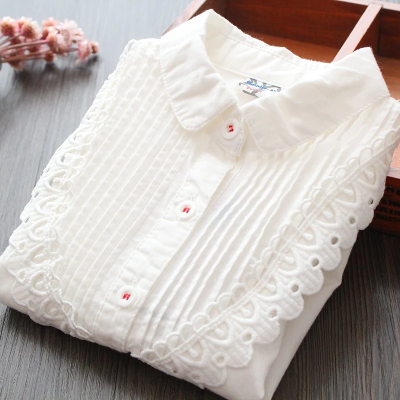 Белая однотонная рубашка для девочек весенние детские топы 2020 модные кружевные