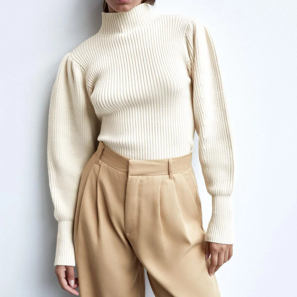 

Женский свитер, новинка 2021, Женская водолазка, винтажный однотонный бежевый Модный милый осенний офисный женский Простой повседневный вяза...