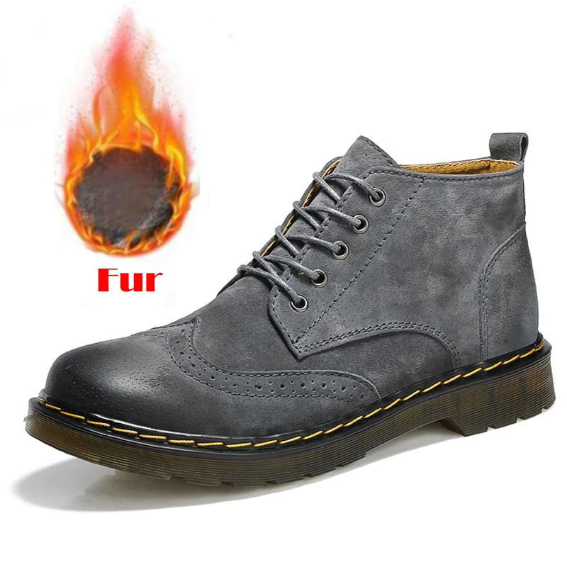 Gray fur Мужские ботинки из натуральной кожи; сезон осень-зима; ботильоны; модная обувь; обувь на шнуровке; Мужская обувь высокого качества в винтажном стиле - Цвет: Gray fur