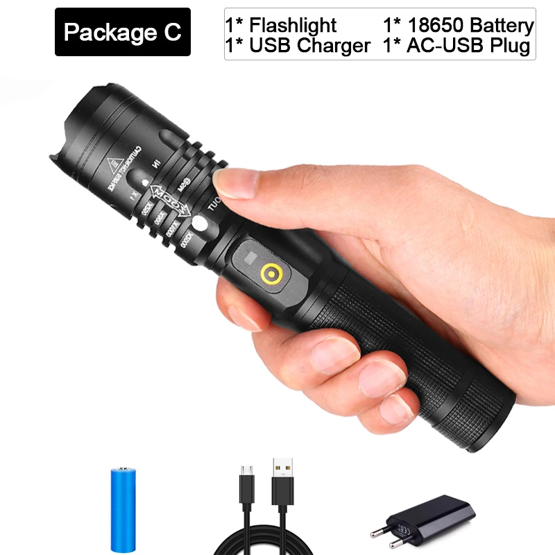 Package C Мощный фонарик с подзарядкой от USB светодиодный фонарь Zoom XHP50.2 светодиодный фонарь Водонепроницаемый фонарь с аккумулятором 18650 USB кабель - Испускаемый цвет: Package C