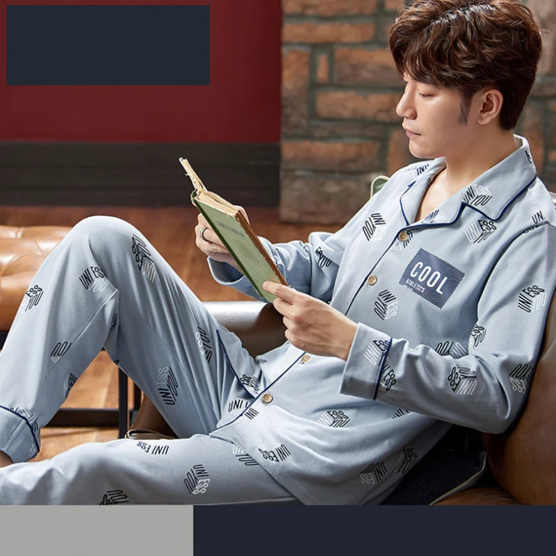 

Spring Autumn Winter Men Pajamas Set Turn-down Collar Long Sleeve Trousers Sleepwear Leisure Pyjama Night Pijamas Home Wear 3XL
