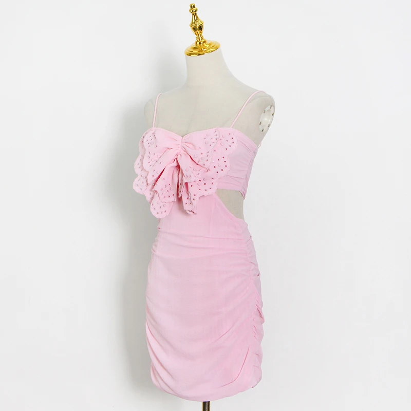 

Bowknot Patchwork Cut Out Sexy Dress For Women Square Collar Sleeveless High Waist Solid Dresses Female 2021 Summer