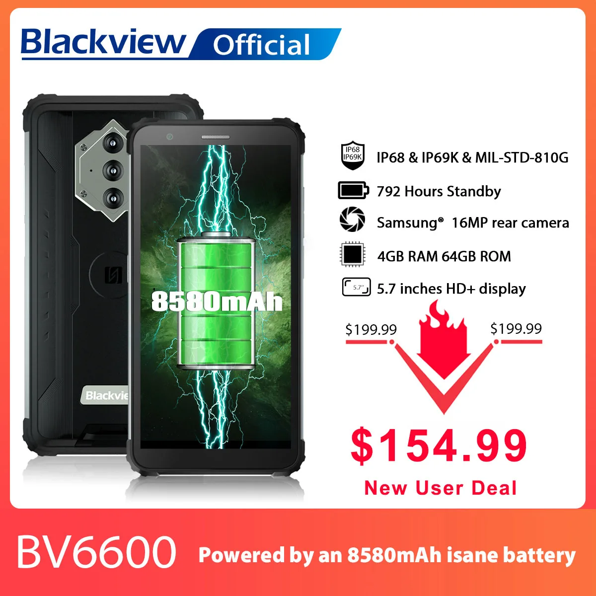 

Смартфон Blackview BV6600 защищенный, IP68, 8580 мАч, 4 + 64 ГБ, 5,7 дюйма, 16 МП, NFC, Android 10