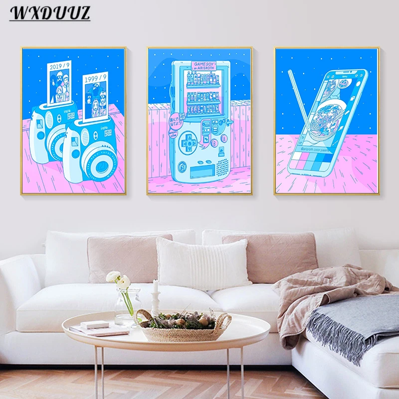 Плакат в стиле вейпорвейв 80-х с игровой ручкой аниме плакат неоновая синяя