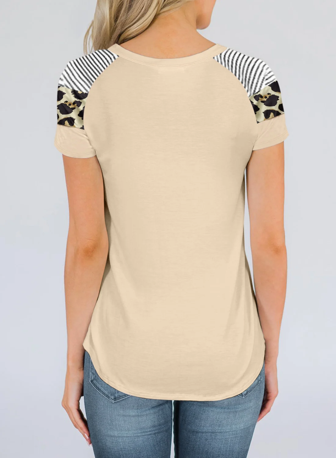 

Women Leopard Stripe Patchwork T-shirt Summer Fashion Short Sleeve Round Neck Top