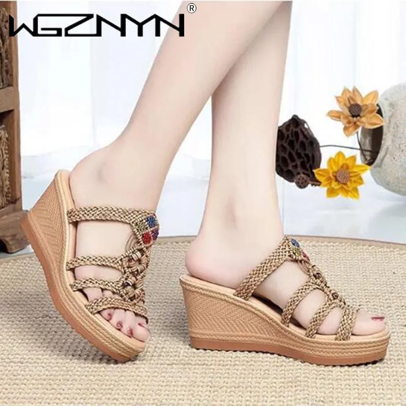 

2021 Summer Weaving Sandals for Women Platform Peep Toe Beach Sandals Ladies Platform Flats Shoes Buckle Straps Female Footwear