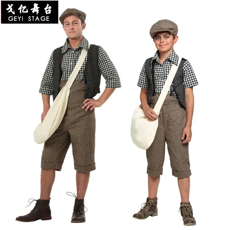 

Halloween Cosplay Adult Children Boy Journalists Newspaper Seller Costume Hat Clothes Rompers Bag for Men