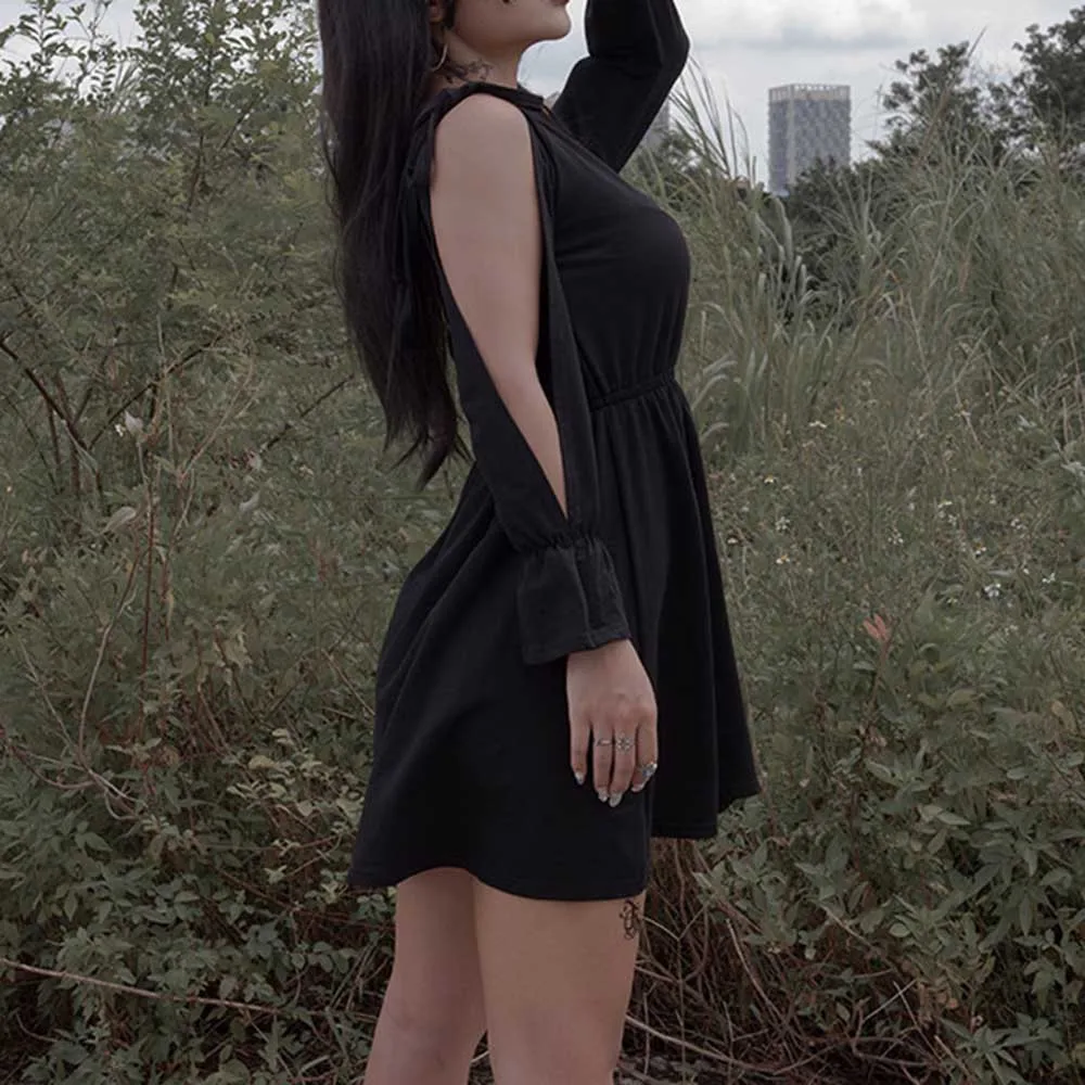 Черное готическое женское мини-платье кружевное платье с открытыми плечами