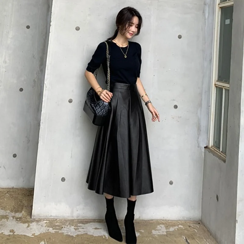 

Faux Leather PU A-line Women's Skirt High Waist Elegant Female Skirts 2020 Winter Autumn Solid Lady Office Bottoms