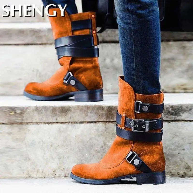 

Women Mid Calf Boots Autumn Platform Buckle Strap Round Toe Males Shoes Flock Fashion Retro Outdoor New Ladies Shoes