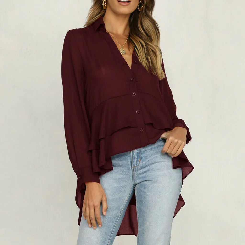 Модная блузка для женщин с v образным вырезом и длинным рукавом твердые карманы