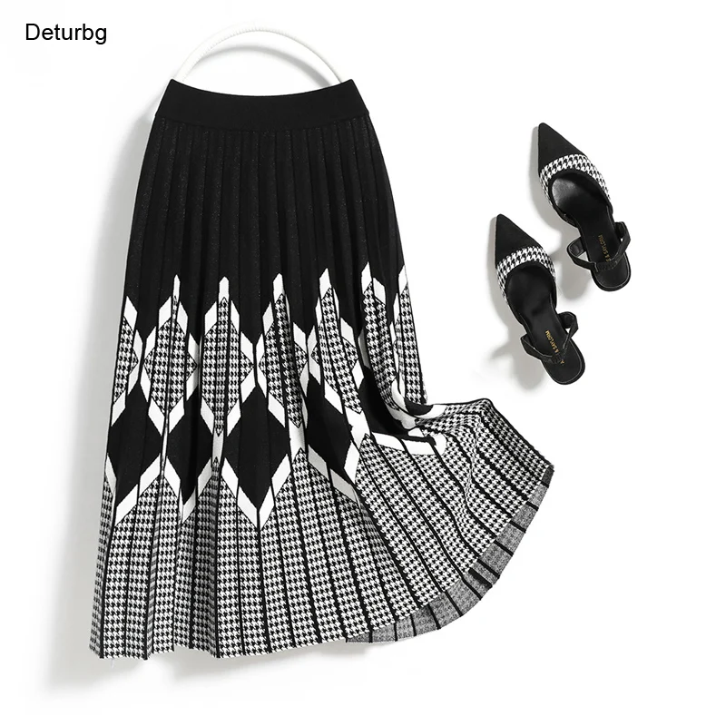 

Top Quality Women's Houndstooth Knitted Midi Skirt Female High Waist Thick Warm Pleated Black A-Line Skirts 2021 Winter Sk969