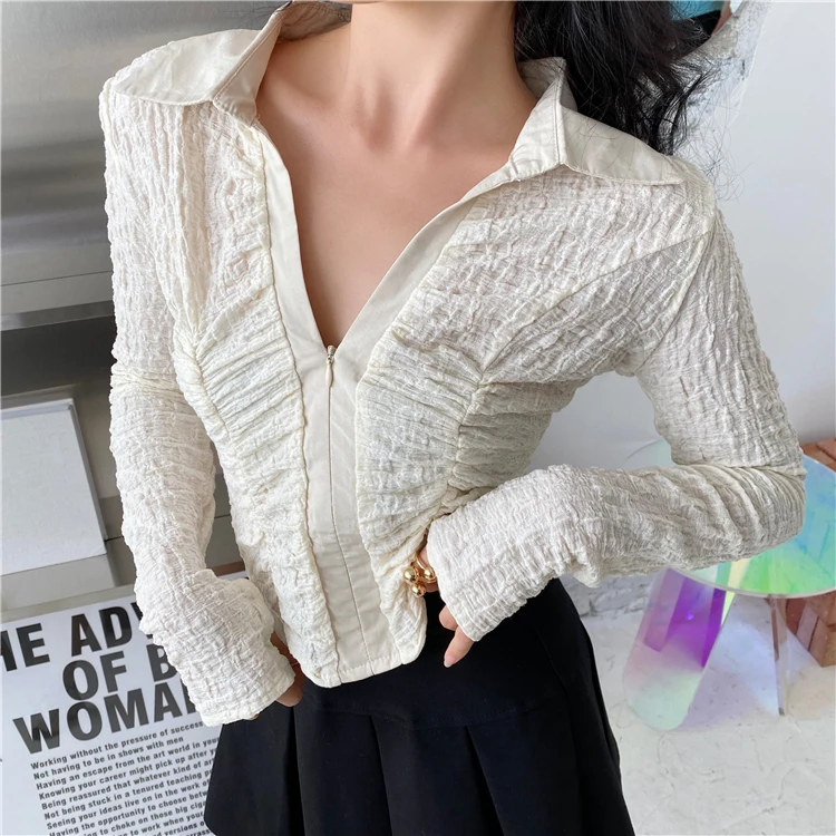 CHEERART Autumn 2020 Ruched Top Long Sleeve Blouse Tunic Crop Top Women Shirt Fashion Crochet Top Designer Clothes