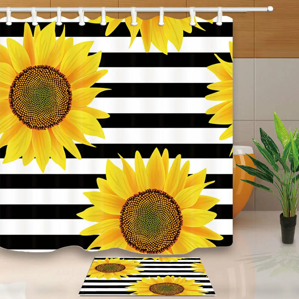 

Sunflowers on A Striped Waterproof Bathroom Fabric Shower Curtain