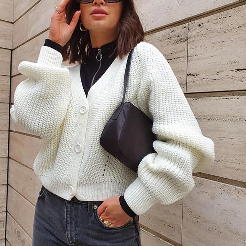 

Lantern Sleeve V-Neck Cropped Cardigans Women Single Breasted Knitted Oversize Sweaters 2020 Women Casual Cardigans Female