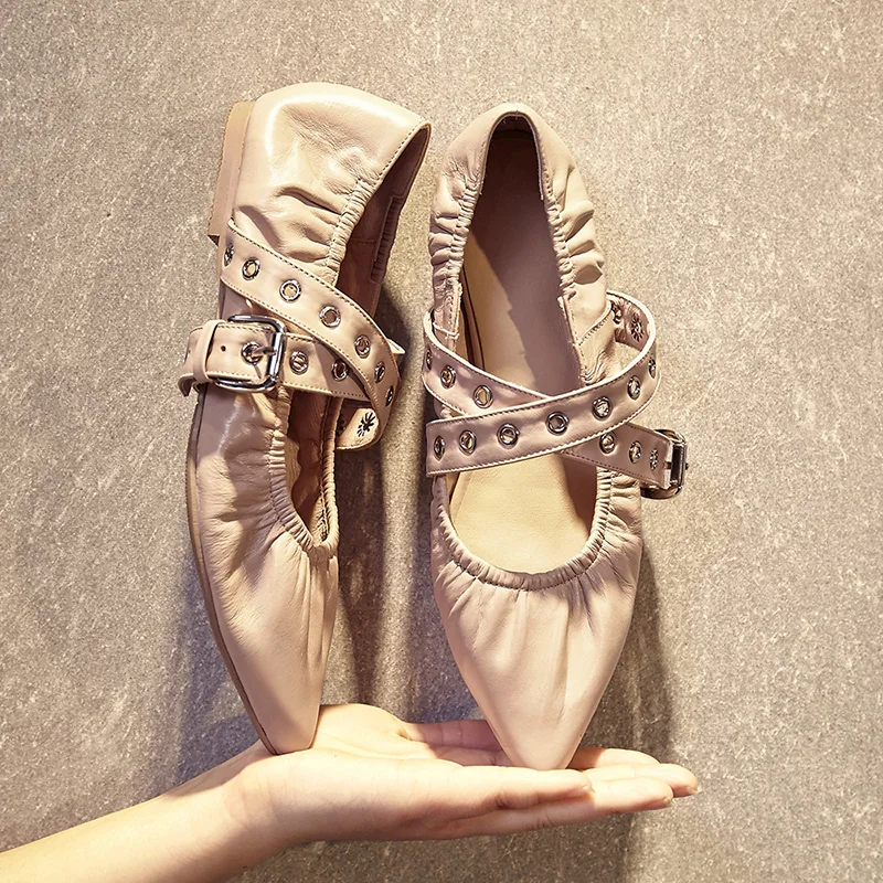 Балетки женские из натуральной кожи с ремешком на щиколотке мягкие удобные