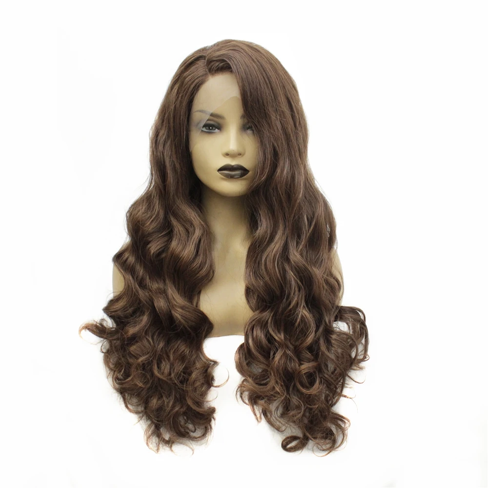 

Long Body Wave Synthetic Lace Front Wig 24 Inch 180% Density Brown Color Wigs With Natural Hairline Glueless Wigs For Women