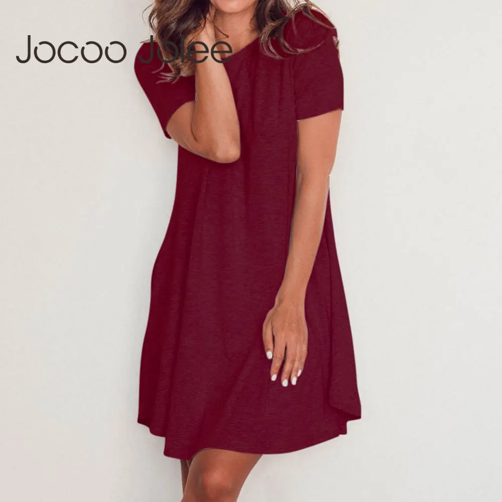 

Jocoo Jolee женское Хлопковое платье-рубашка с коротким рукавом и круглым вырезом повседневное однотонное свободное мини-платье с карманами 2020 ...