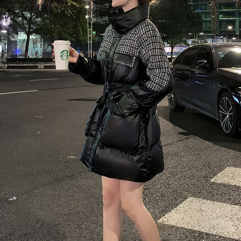 Women's Winter Patchwork Coats with Large Pockets and Belts Mid-length Down Padded Jackets Female Plaid Stitching Thick Jacket
