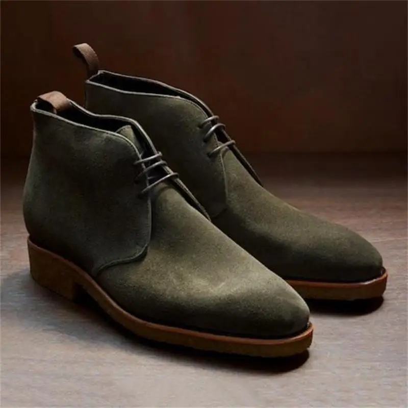 

Мужские ботинки ручной работы, зеленые замшевые ботинки с острым носком, на низком каблуке, со шнуровкой, KU117