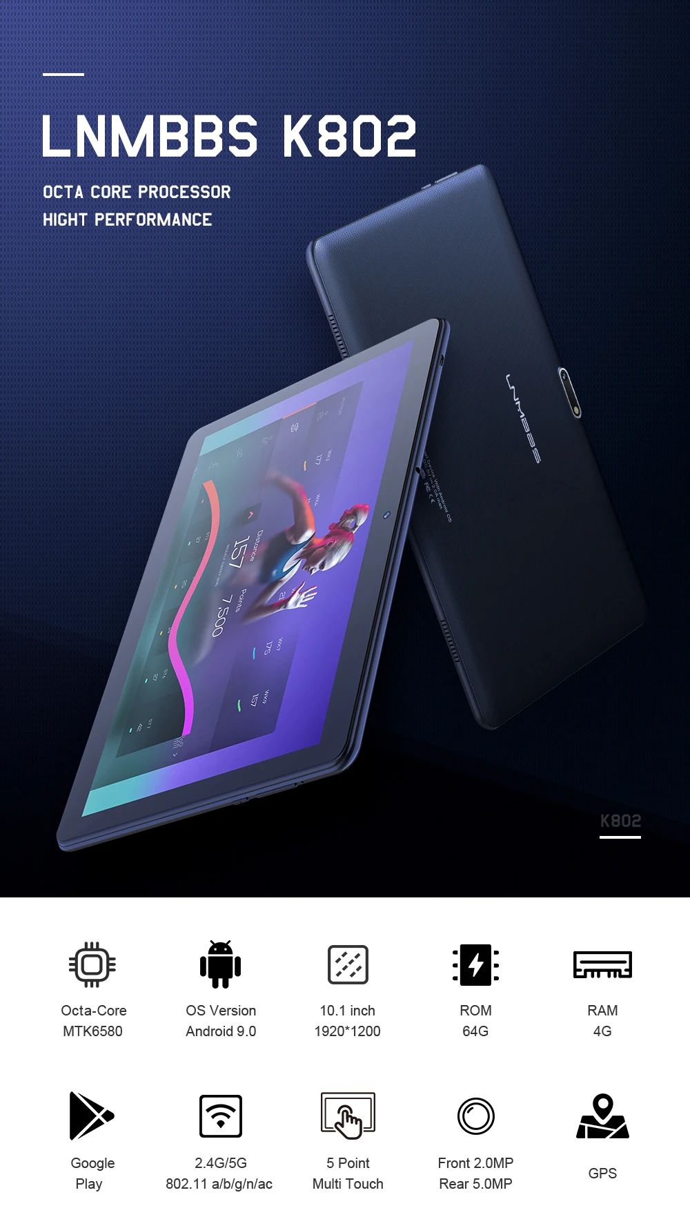 LNMBBS K802 10,1 дюймов планшетный ПК MTK6580 Восьмиядерный Android Планшеты 4 ГБ ОЗУ 64 Гб ПЗУ 1920x1200 IPS Двойная sim-карта телефонный звонок планшет