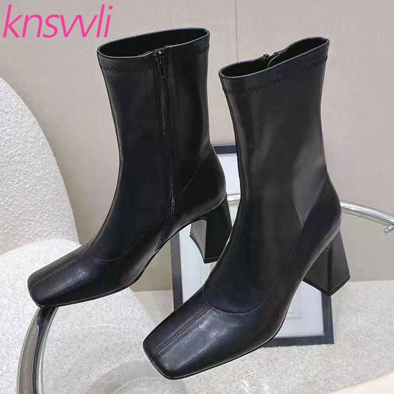 

Черные короткие ботинки на квадратном каблуке, женские эластичные ботинки из натуральной кожи, женские ботинки на массивном каблуке, женск...