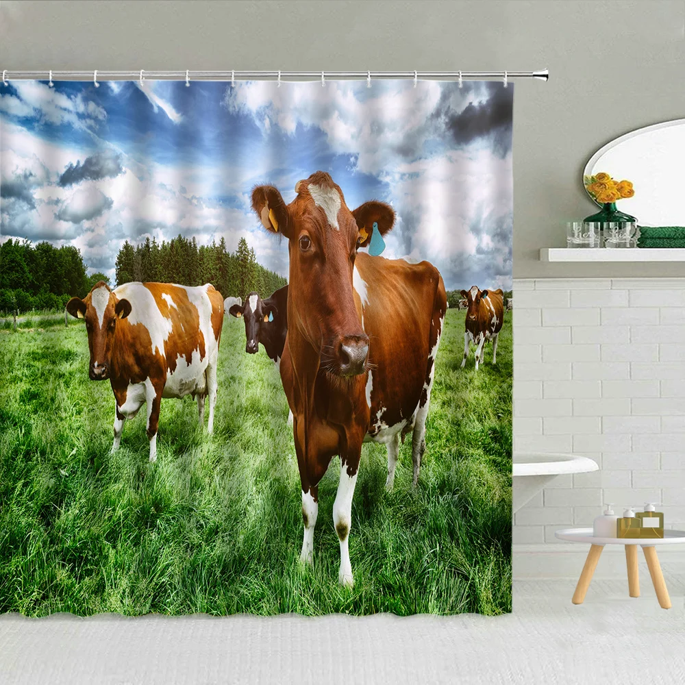 

Cow Natural Scenery Shower Curtain Green Grass Forest Farm Landscape Bathroom Decor Curtains Farmhouse Animal Waterproof Screen