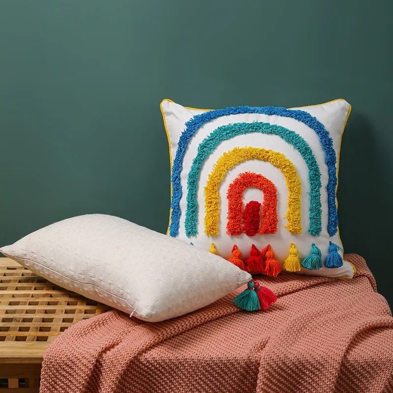 

Lovely Rainbow Cushion Cover Modern Style Colorful Pillow Cover Softness Cover Pillow Tassels Handmade Home Decorative