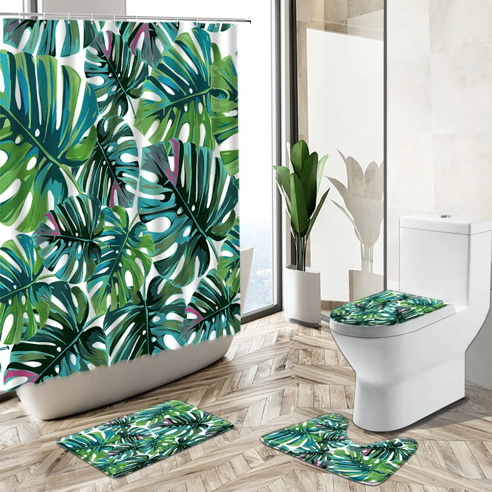 

Tropical Jungle Green Plants Shower Curtain Hawaiian Palm Leaf Banana Print Non-Slip Pedestal Rug Toilet Cover Bathroom Deco Set