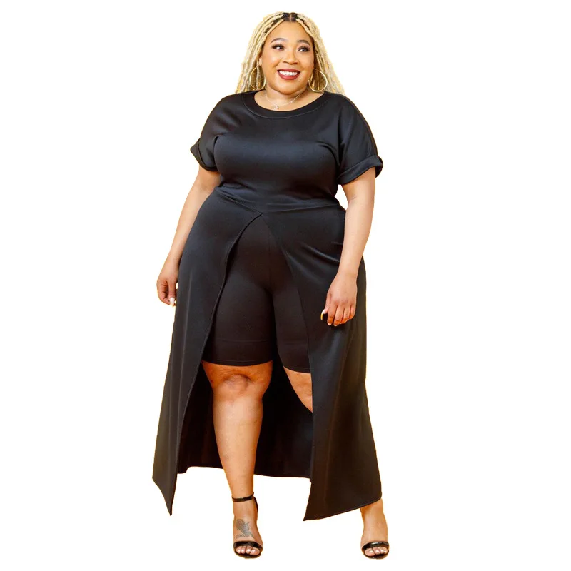 

5X Plus Size Women Clothing Summer Solid Color Irregular Top wiht Skirt Casual Set Suit