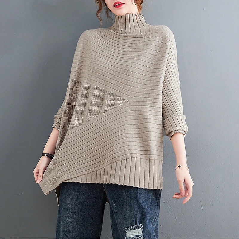 

Johnature 2022 Autumn Winter Knitting Sweaters For Women New Casual Solid Color Loose Turtleneck Irregular Sweaters