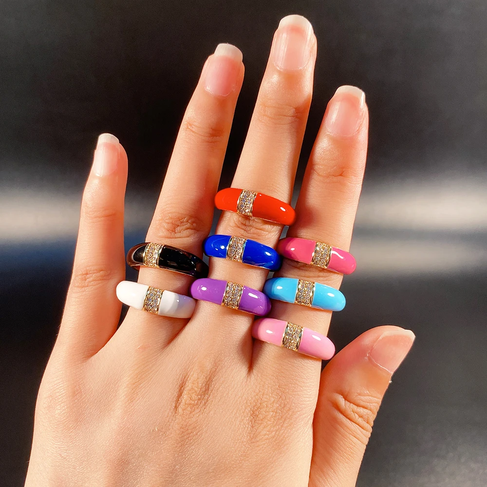 Женское кольцо с эмалью и фианитом регулируемое обручальное разноцветным