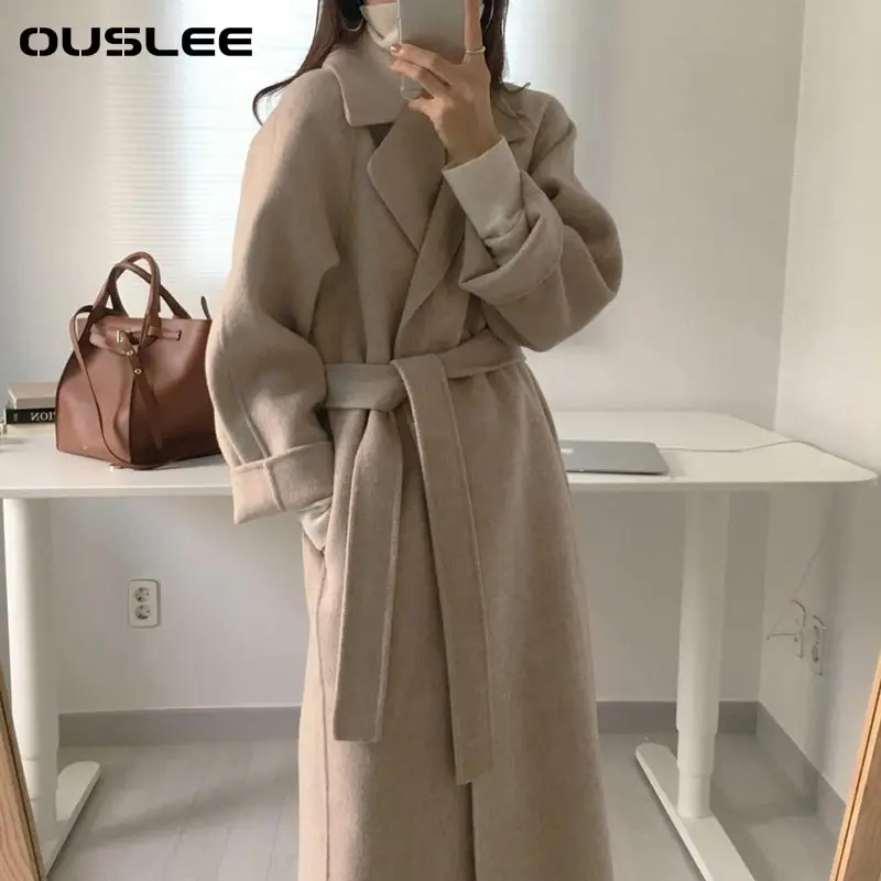 OUSLEE Women Elegant Long Wool Coat With Belt Solid Color Long Sleeve Chic Outerwear Ladies Overcoat Outwear Autumn Winter