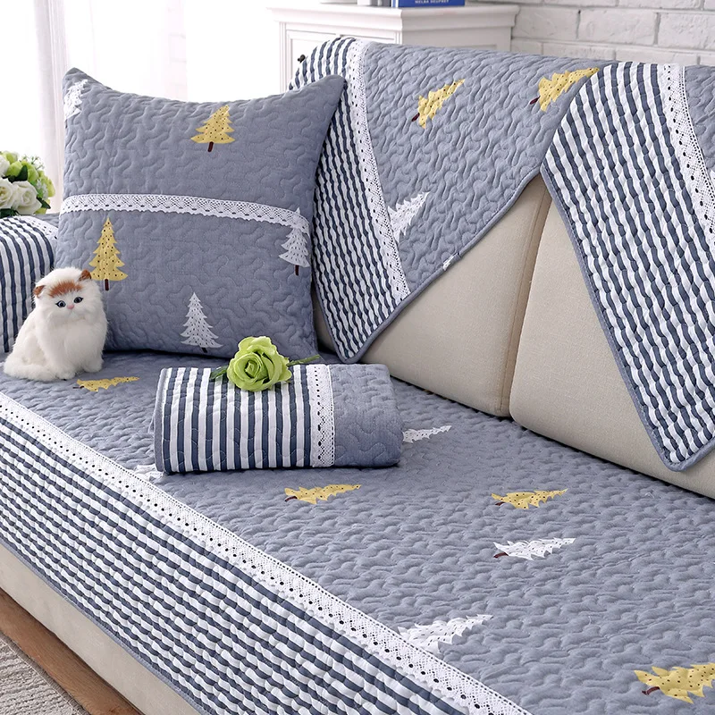 

Cotton Sofa Cover Non-slip Printed Washable Fabric Sofa Towel L Shape Striped with Lace Slipcover Cushion Cover