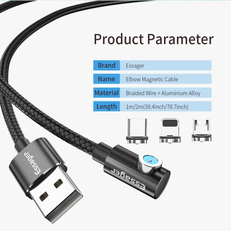 Магнитный кабель Essager 1 м 2 Micro Usb Type C быстрая зарядка магнитное зарядное