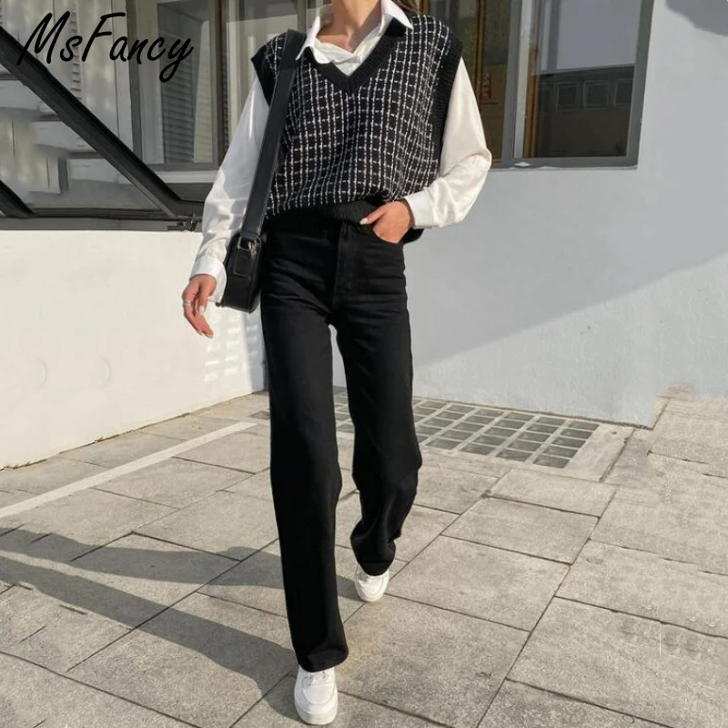 Msfancy клетчатый свитер жилет Женский вязаный пуловер без рукавов с V образным