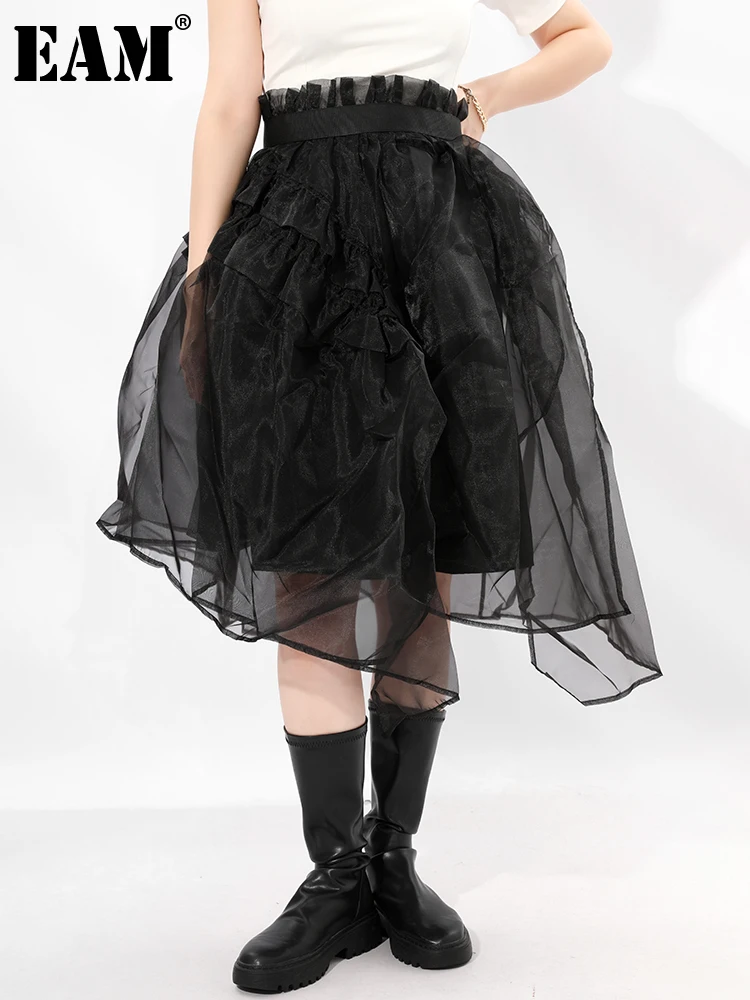 

Женская винтажная юбка EAM, черная многослойная юбка с оборками из органзы, с высокой эластичной талией, весна-лето 2021, 1DD776801