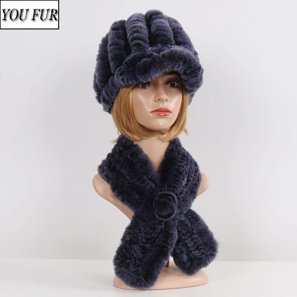 

Girls Outdoor Winter Knitted Natural Fur Hat Scarf Sets Women Warm Real Rex Rabbit Fur Caps Muffles 2 Pieces Real Fur Hat Scarf