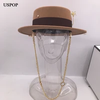 uspop new winter hats women wool fedora hat fashion brown metal chain fedoras