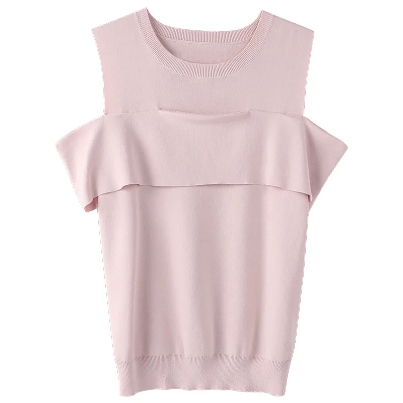 

The new ladies fair maiden temperament of sweet dew shoulder pure color joker round collar short sleeve knit a female