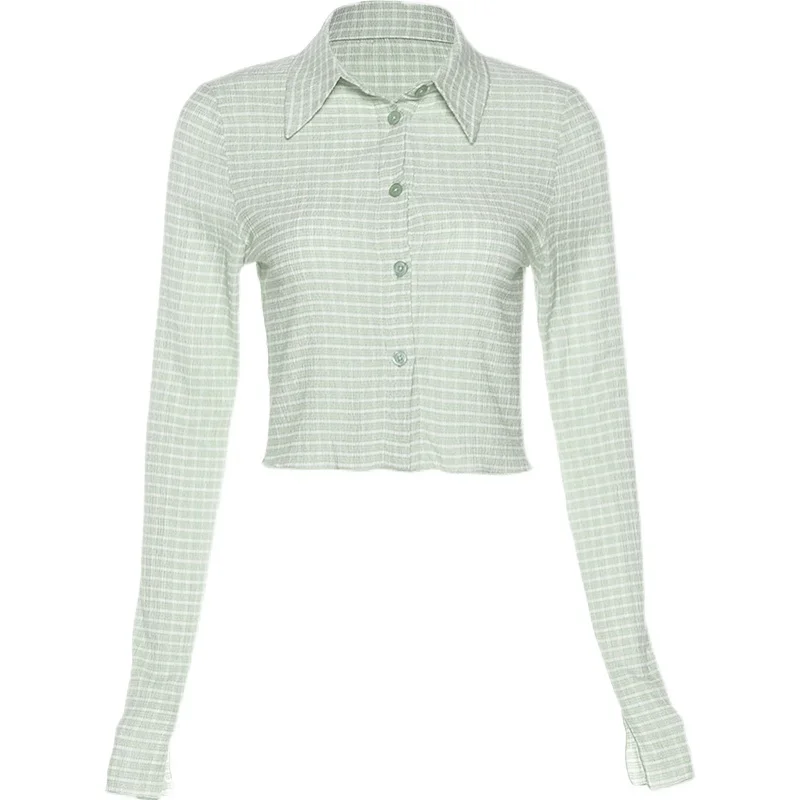 

Kywommnz Retro Striped Temperament Was Thin Long-sleeved Shirt Women Slim Short Blouses Long Sleeve Summer 2021 E2350