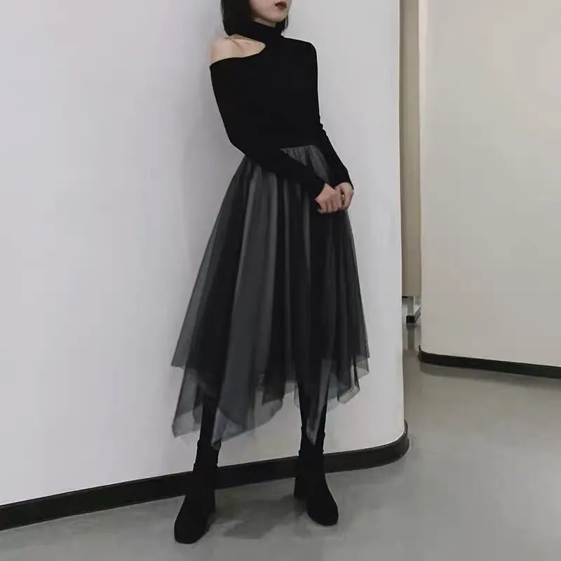

Gothic Black Tulle Patchwork Long Irregular Skirts Elastic High Waist A-Line Mesh Pleated Midi Skirts Vintage Punk Streetwear