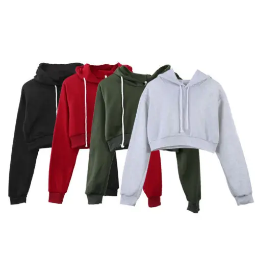 New Fashion 5 Colors Long Sleeve Jumper Pullover Coat Casual Sweatshirt Top Solid Hoodies Women Sexy High Waist Short Hoodie