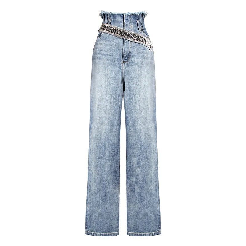 

Korean Wide Leg Jeans Women's Belt Crystal Hot Drilling King Autumn Boyfriend Jeans Loose Slimming Pants Fashion Tide
