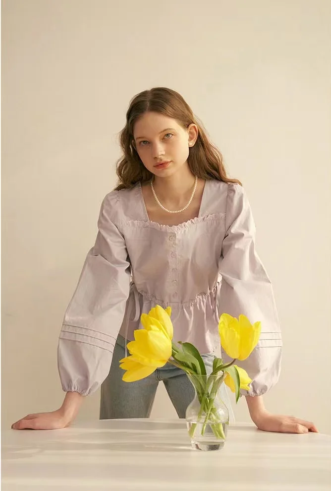 

2021 Spring And Summer New Folds Waist Thin Sweet Temperament 100% Puff Cotton Long-Sleeved Ladies Blouse