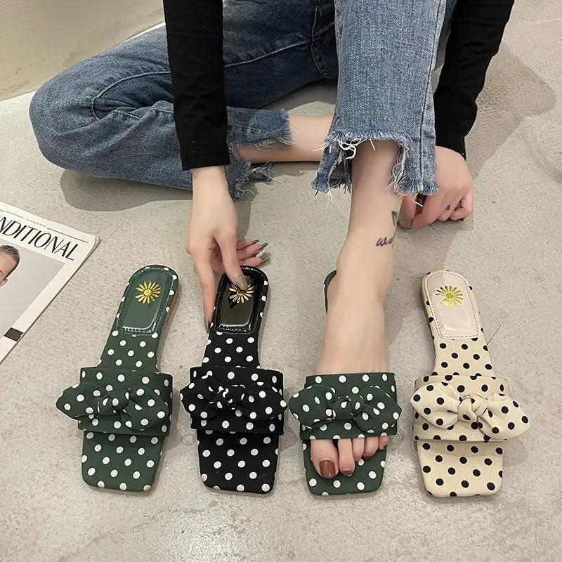 

2021 Summer Women's Slippers Outdoor Flats Flip Flops Cute Polka Dot Butterfly-knot Bohemian Beach Holiday Shoes Woman Slides