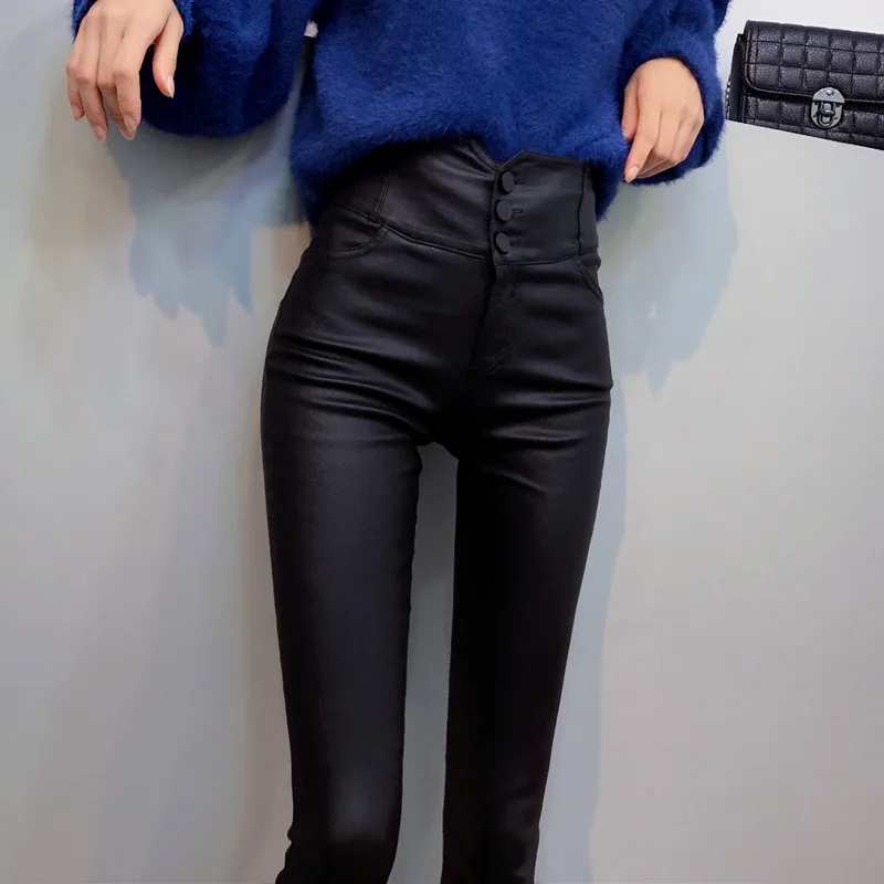 Женские кожаные брюки с высокой талией Осень-зима 2020 новые бархатные леггинсы