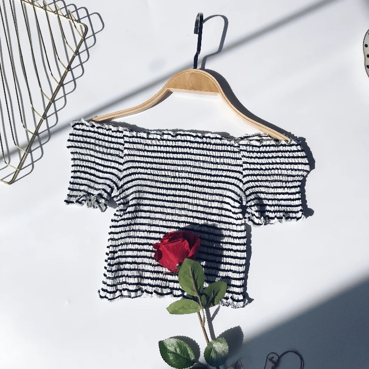 Short Tops Элегантная женская мини-рубашка с вырезом лодочкой, повседневная, милая, женская, короткий рукав, эластичная, высокая талия, тонкая блуза, сексуальная, короткий топ - Цвет: Short Tops