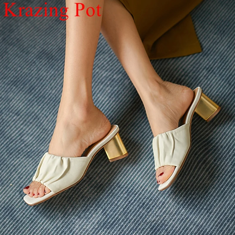 

Krazing Pot brand big size sheep leather peep toe high heels mules slip on slingback party summer pleated women outside slippers