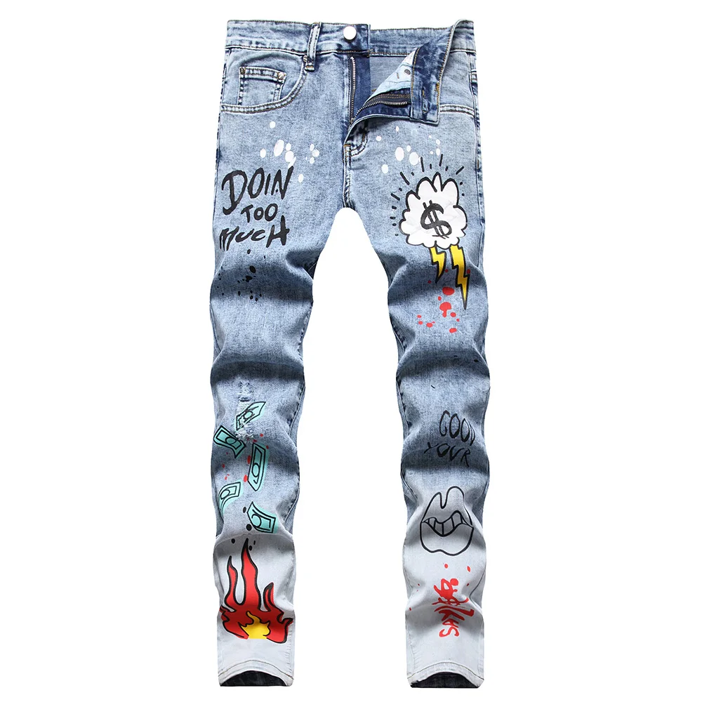 Men Printed Stretch Jeans Fashion Flame Letters Dollar Painted Denim Pants Snow Washed Slim Straight Trousers